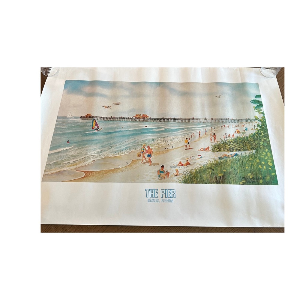 Nick Lambert 1990 Naples Florida The Pier Beach Scene Art Print 36x24 Vintage